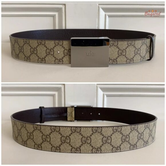 Authentic Gucci Brown GG Plus Monogram Canvas Silver Square Buckle Belt 85/34 - Picture 5 of 13